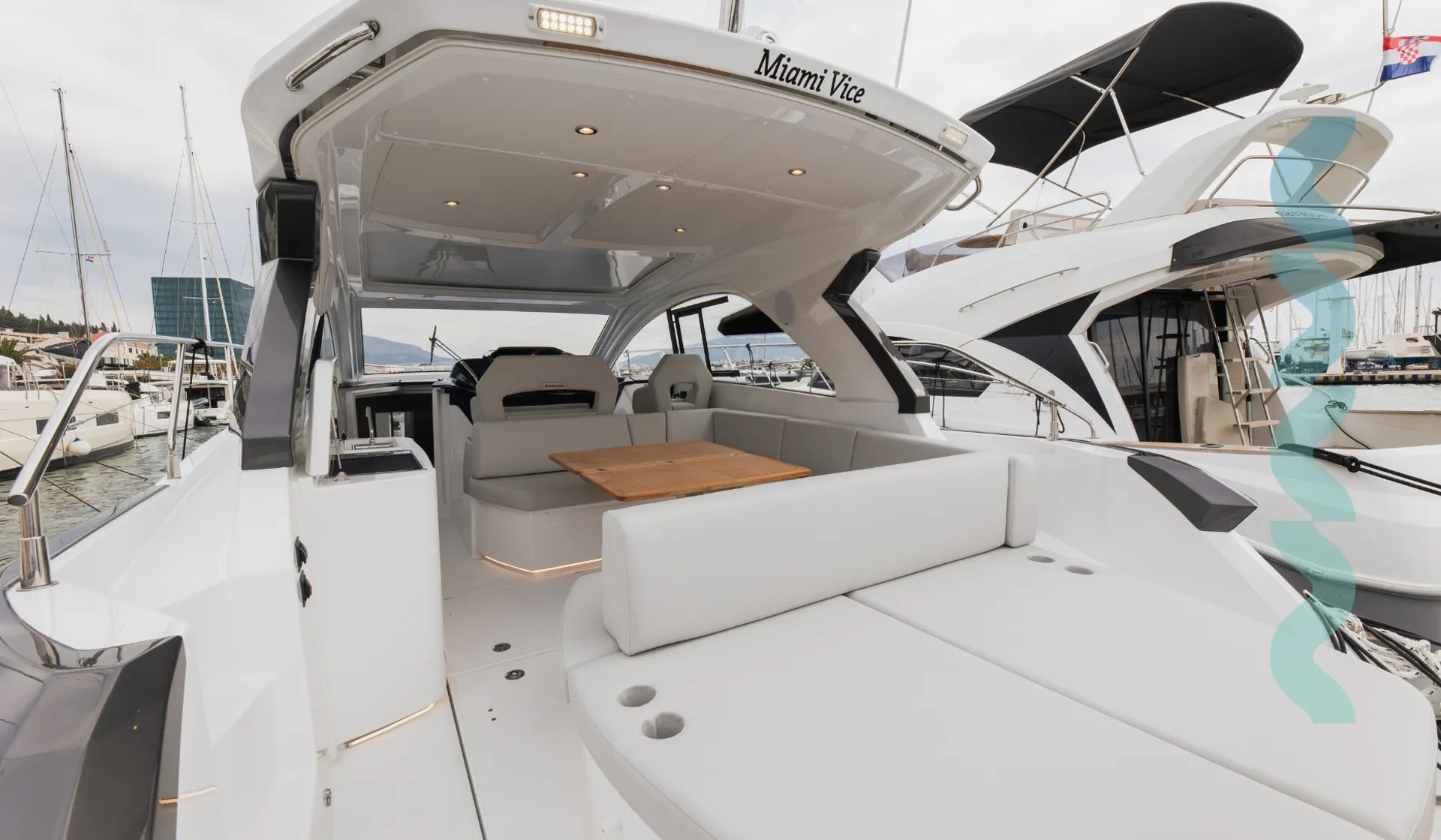Cockpit and aft lounge at the marina